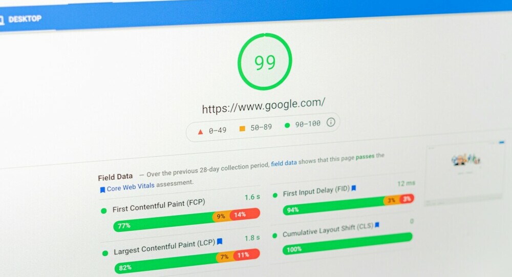 An image from Google's PageSpeed Insights utility showing Core Web Vitals scores for google.com